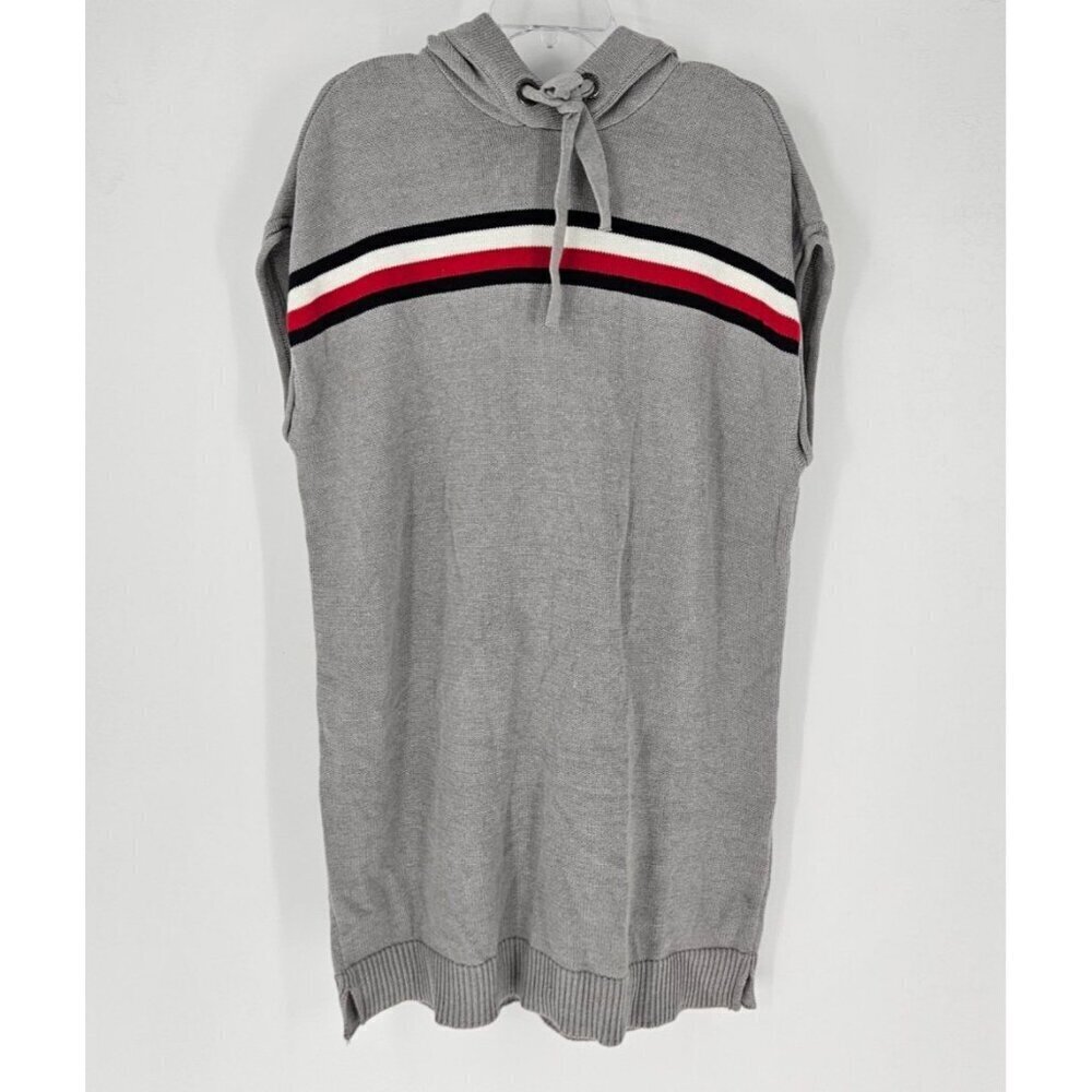 Tommy Hilfiger Women Sz L Gray Sweater Dress Sleeveless Hooded Logo Color Stripe